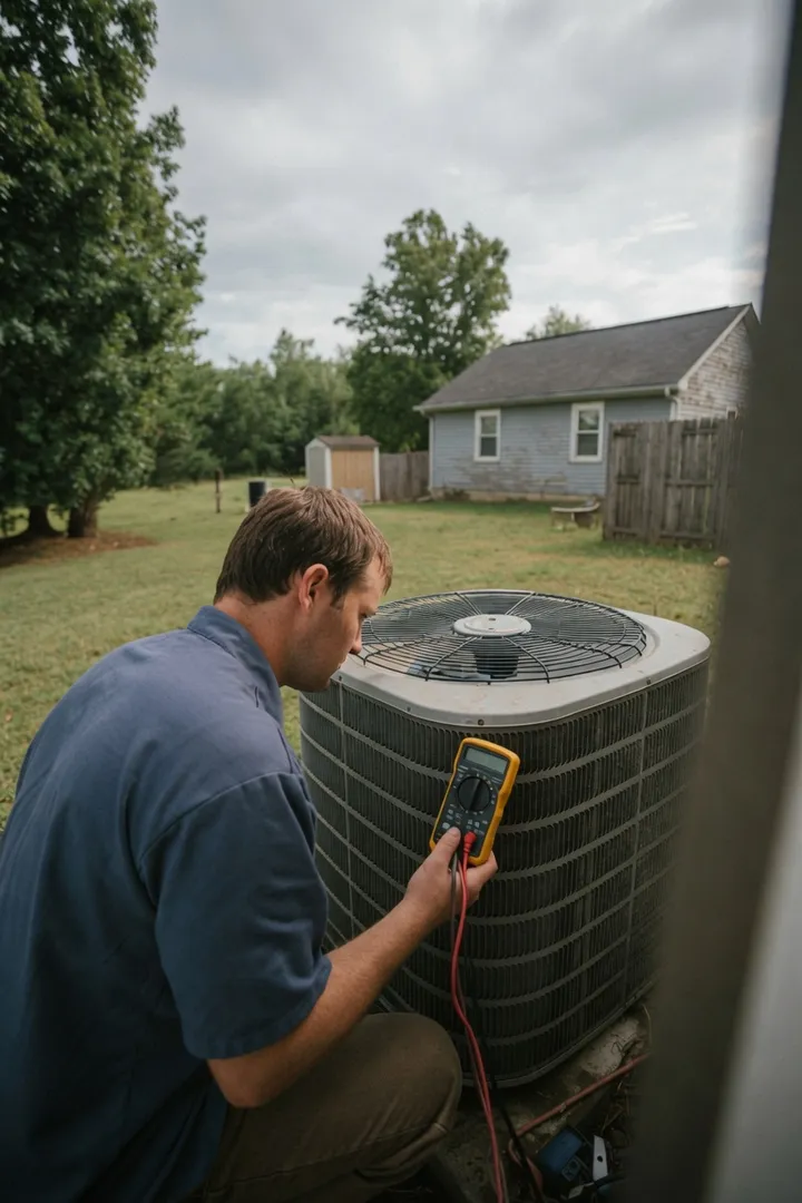 Amazing Air technician checking an AC condenser unit in Clarksville, TN