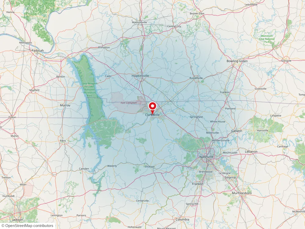 Map of the Clarksville, TN service area covered by Amazing Air