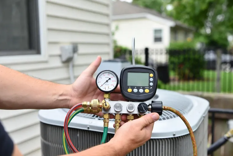 Technician diagnosing an AC unit